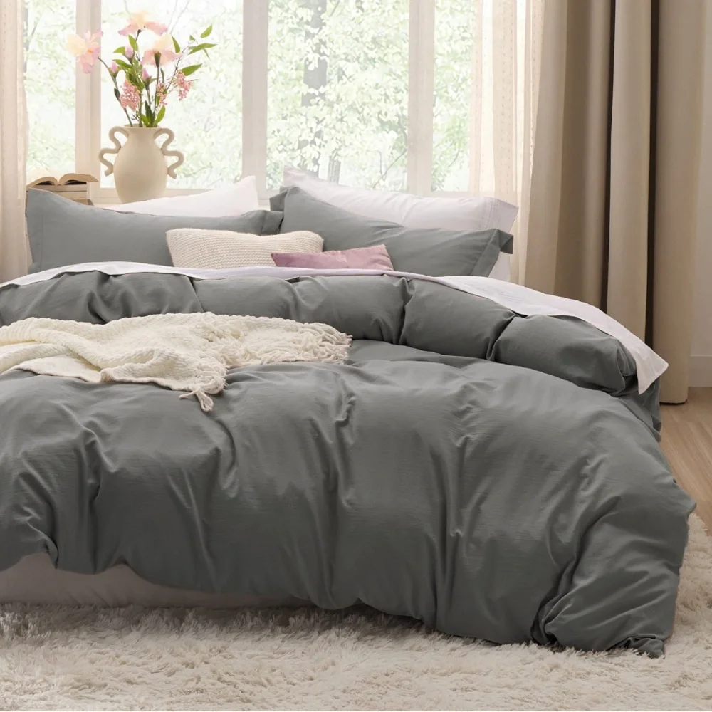 Gray Pre-Washed Cotton-Like Polyester Over-sized Duvet 3Pc Bedding Set-QUEEN